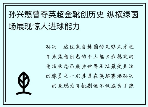 孙兴慜曾夺英超金靴创历史 纵横绿茵场展现惊人进球能力